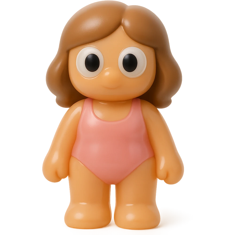 full-body beach girl, retro 90's toy style, very transparent and slightly see-through, natural tan skin, brown hair, pink swimsuit, large round derpy eyes like reference turtle, soft plastic texture, soft reflections, soft and squishy, some cloudiness, not shiny, highly detailed, appealing, no tag, no background emoji