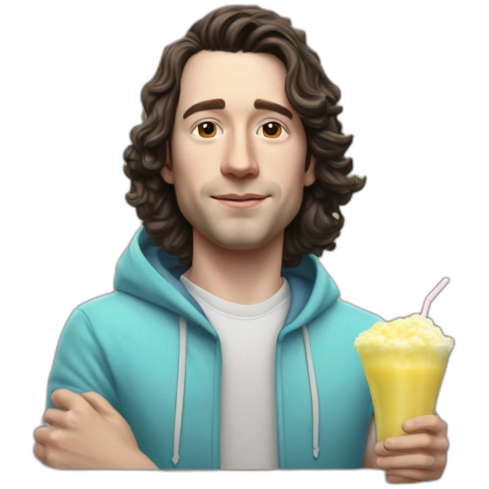 Bighead josh brener from silicon valley in hoodie, holding a pina colada,, hyper realistic emoji