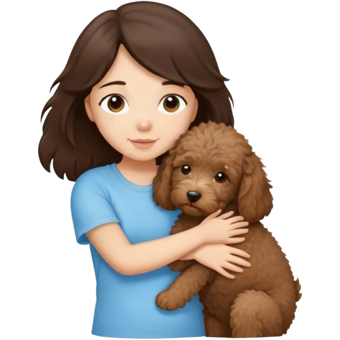 One girl with medium long dark brown hair dressing baby blue T-shirt, hugging One little brown coated labradoodle. emoji