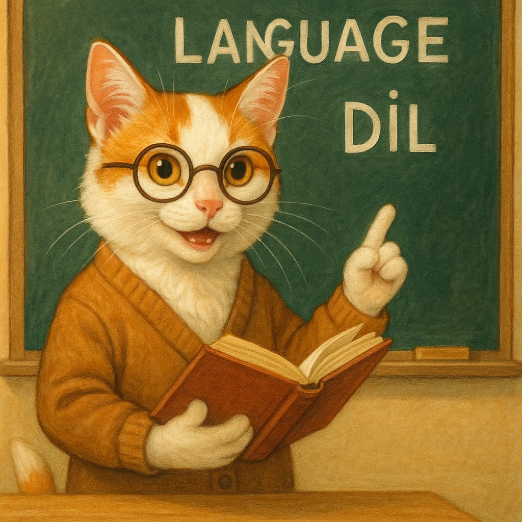 A Turkish cat wearing glasses, holding a book, teaching about language, in a classroom setting, expressive and friendly emoji