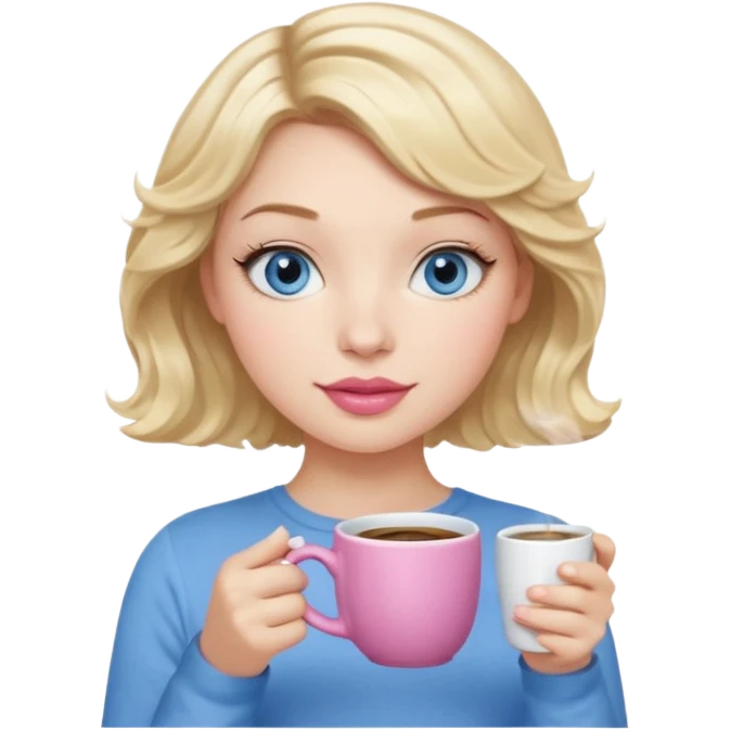 Girl Blonde short wavy hair,  blue eyes, cute blue top, long lashes, pink lips, holding coffee mug emoji