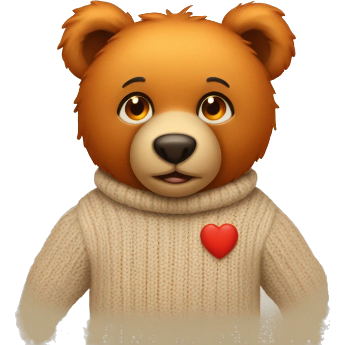 Orange eyes teddy bear wearing a beige sweater with a red heart in the middle emoji