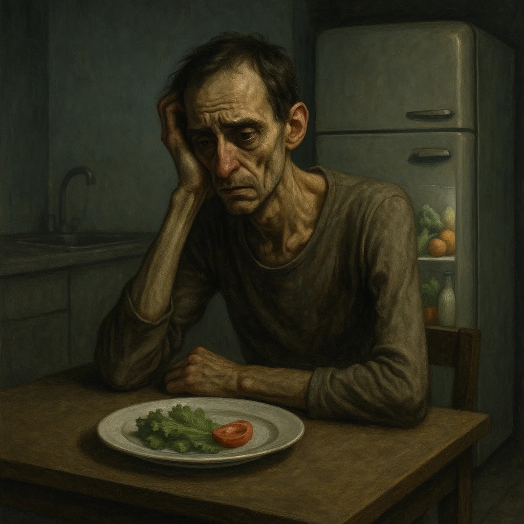 symbolic realism, cinematic lighting, muted colors; thin, exhausted man at a minimalist kitchen table, plate with lettuce leaves and a tomato slice, frustrated and tired face, sunken eyes, cold empty kitchen, closed fridge with healthy foods inside, expressive details emoji