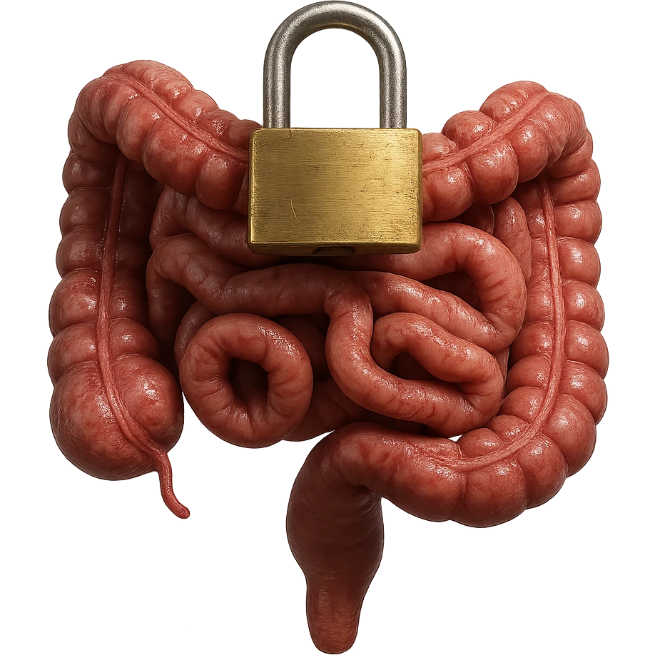 intestino umano con lucchetto sopra di bloocco, iperrealistica 4k emoji