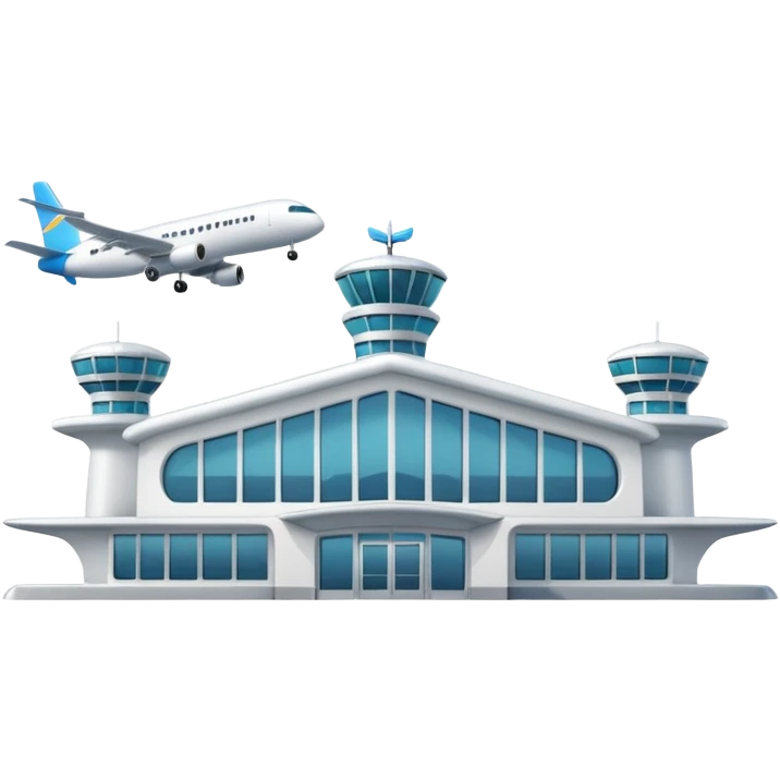 A 3D cartoon airport terminal building with glass windows and airplanes nearby, clean lighting, Memoji-style rendering. emoji
