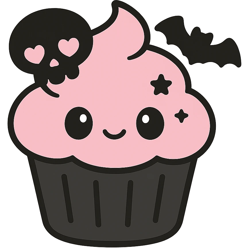 gothic cupcake, black and pink, kawaii style emoji