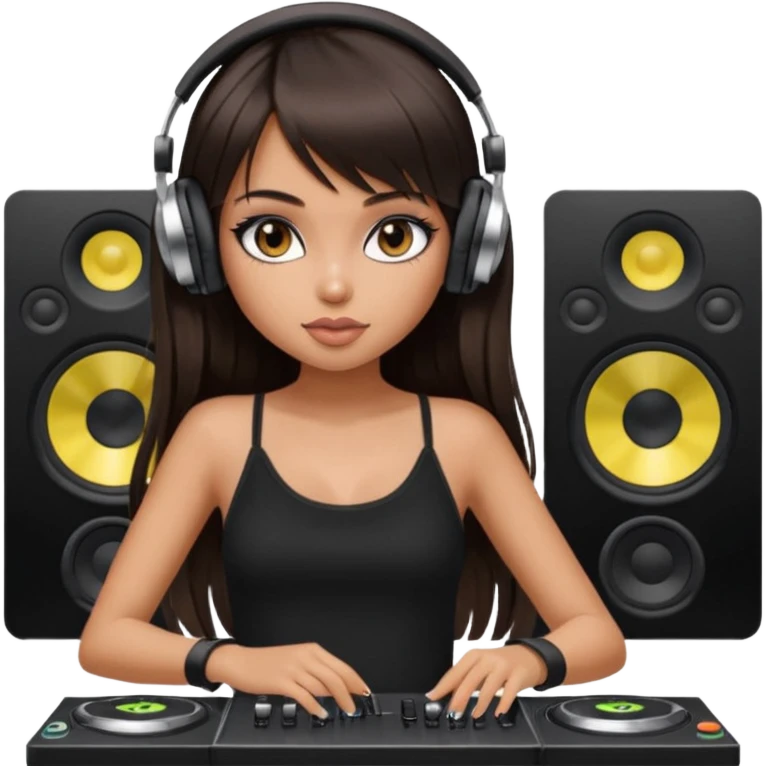 generate a pretty bratz girl in black cami top, dark brown straight long hair with bangs, eyeliner on, djing emoji