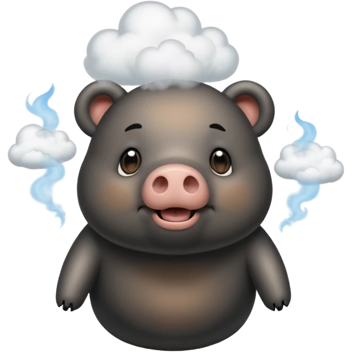 Hybrid bear pig, black and tan, saying hello with big clouds of smoke coming out of his pig snout.  emoji