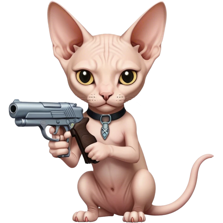 Sphnyx cat named haydes holding gun emoji