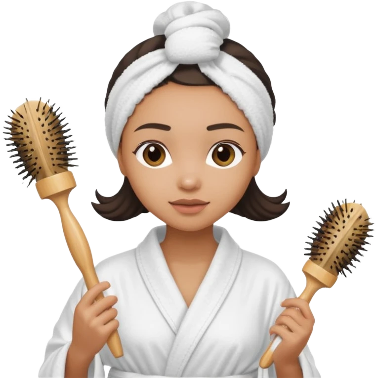 lightskin Women wearing shower robe and their hair with towel holding a brush emoji