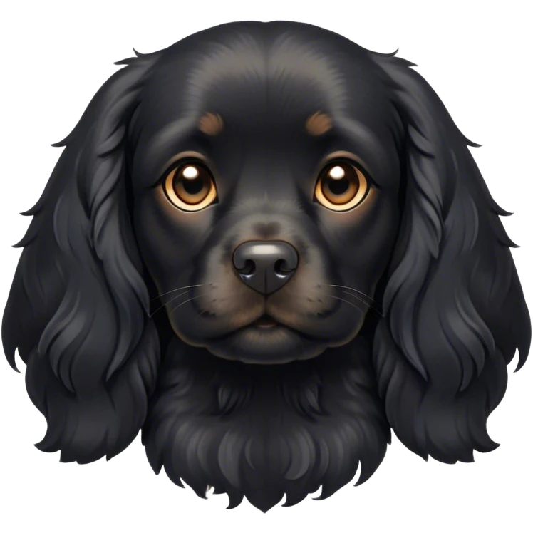 Cinematic Cute Black Cocker Spaniel Portrait Emoji, Head tilted playfully and inquisitively, featuring a glossy black coat with delicate tan accents, round, sparkling dark eyes brimming with curiosity, Simplified yet irresistibly adorable features, highly detailed, glowing with a warm, friendly glow, high shine, affectionate and lively, stylized with a touch of whimsy, bright and endearing, soft glowing outline, capturing the essence of a mischievous yet loving pup, so playful it feels like it could bound out of the screen and into your arms! emoji