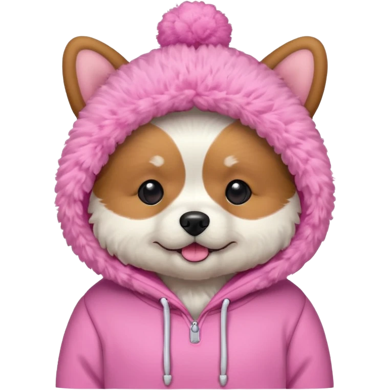 dog with a pink pom puff hoodie ￼ emoji