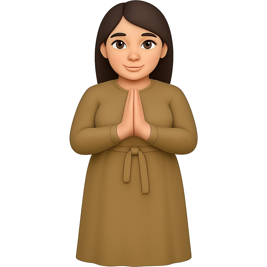 Make the woman have a normal, buxom body, standing and praying from the front view, wearing a long tan dress, with dark brown hair, in emoji style. Remove the background completely. emoji