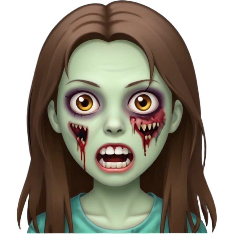 faça uma menina zumbi, ela tem cabelo marrom comprido e bem bem liso, ela nao tem franja. ela usa maquiagem com rimel e ta com a boca aberta emoji