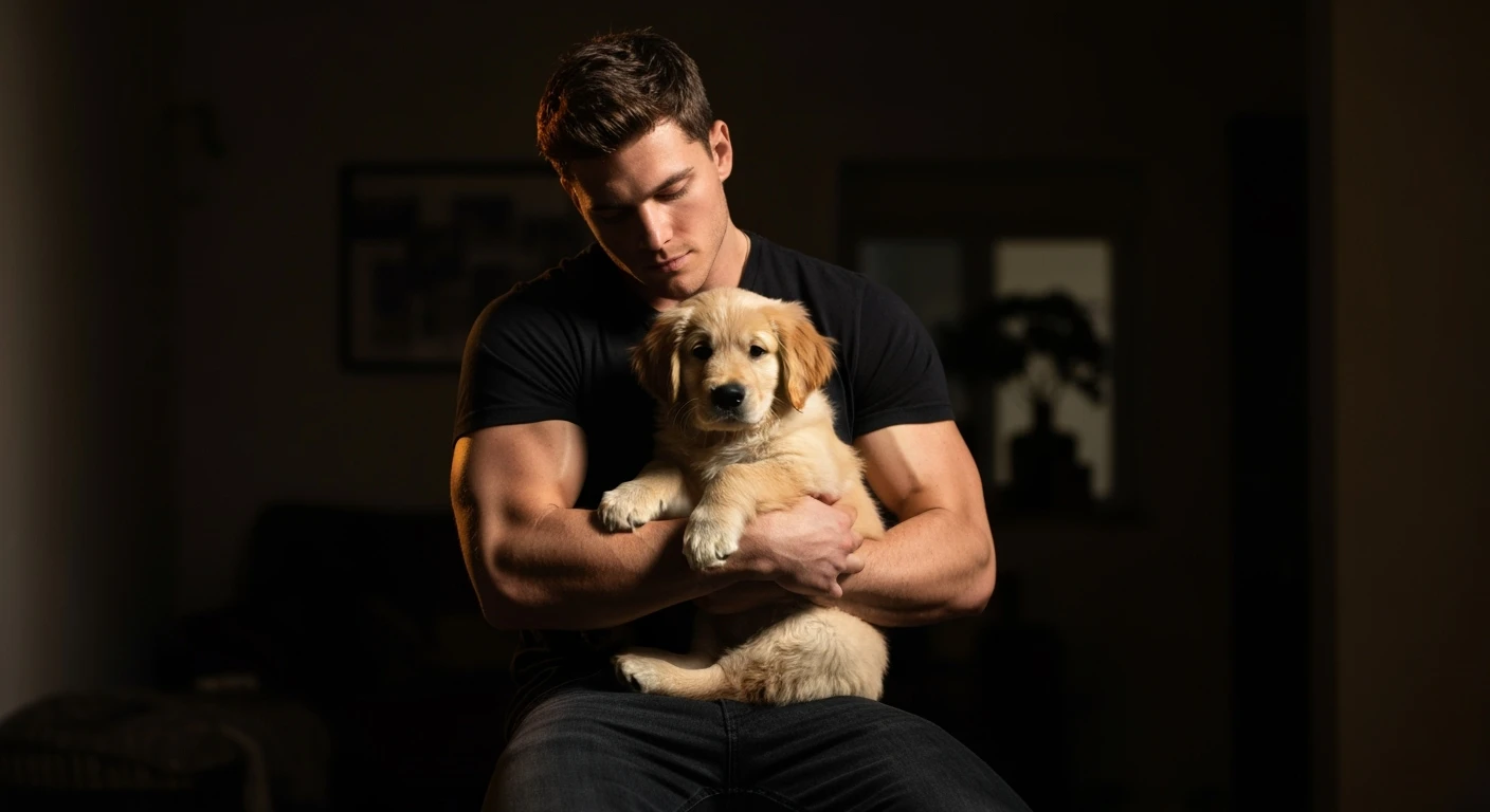 Photo of a musculated man holding puppy golden retriver, low key light emoji