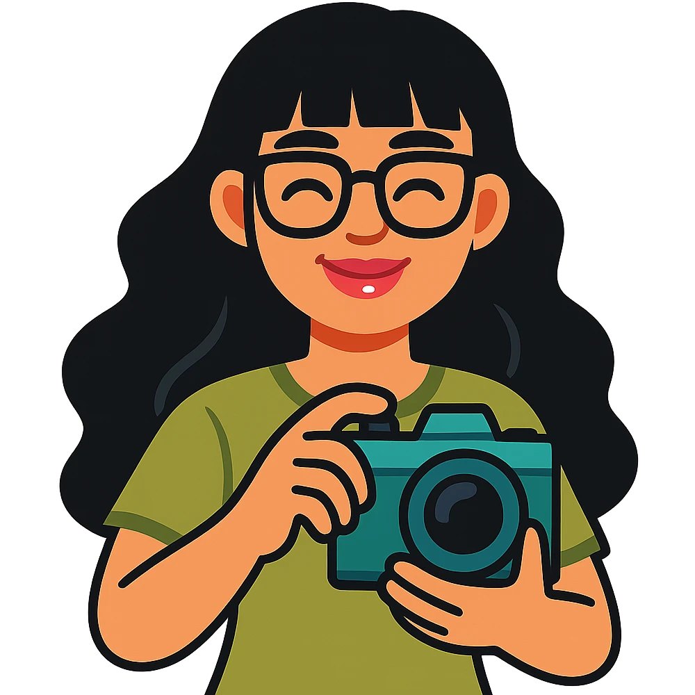 girl with long wavy black hair, bangs, black glasses, pink lip gloss, holding a teal camera, closed smile, light moss green shirt, vibrant cartoon style emoji