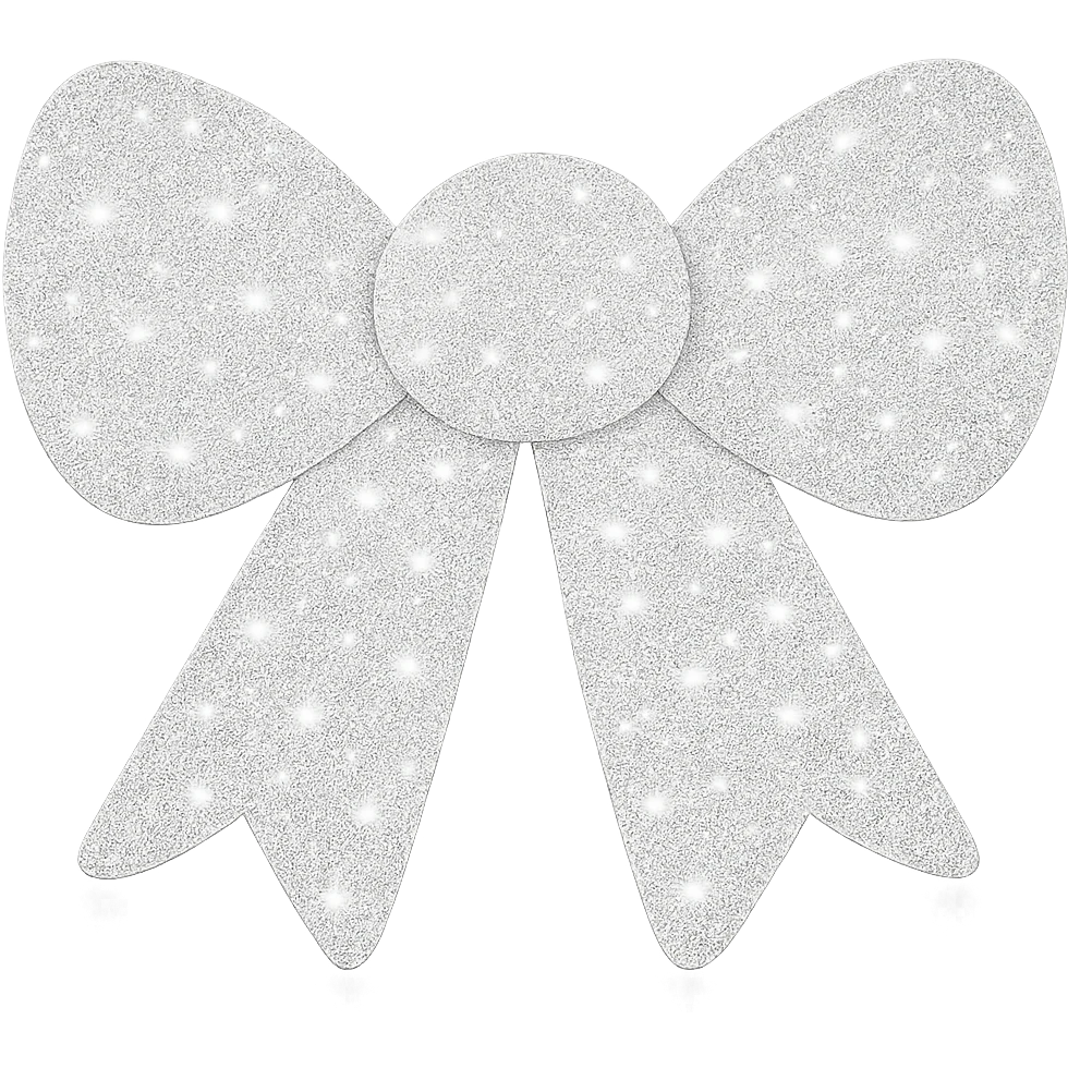 Make the decorative bow white and covered in glitter, shiny and vibrant, no background. The style should be shiny and vibrant with glitter coverage. emoji