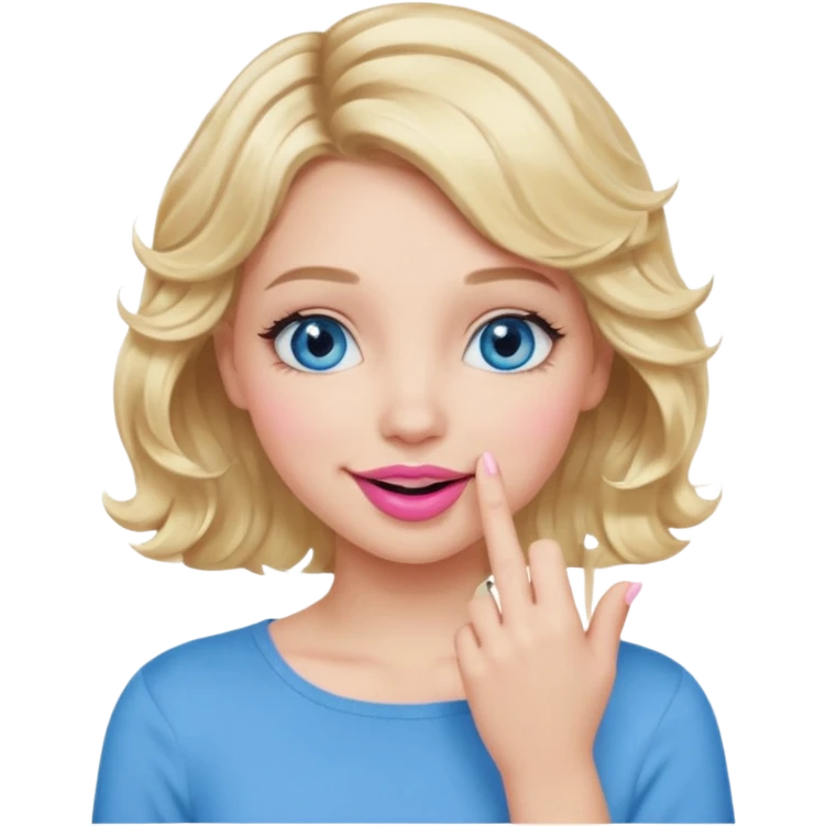 Girl Blonde short wavy hair,  blue eyes, cute blue top, long lashes, pink lips, smiling, hand over the mouth emoji