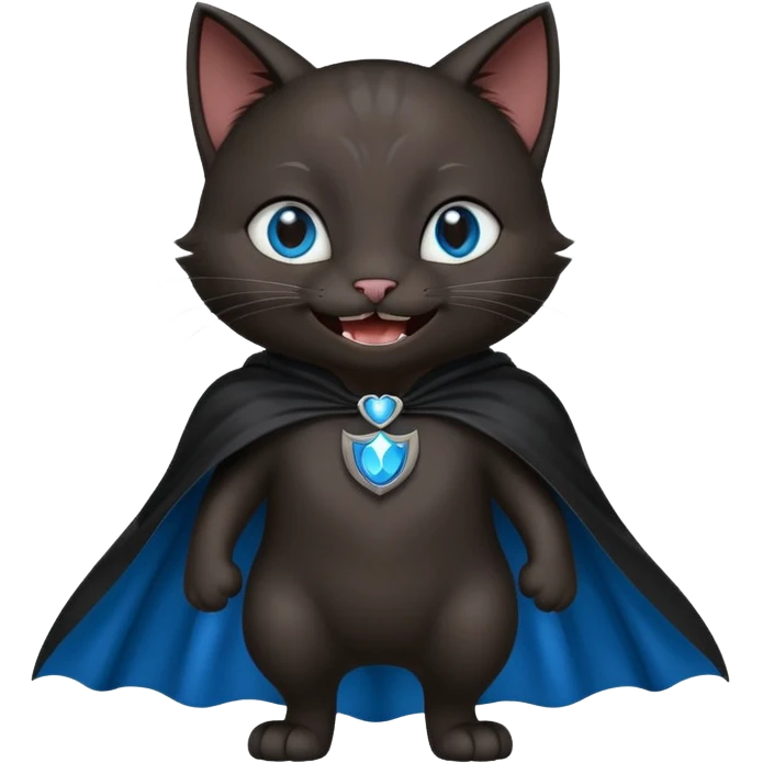 an all black anthropomorphic cat with blue eyes wears an all black cape and is smiling a mischievous sharp tooth grin emoji