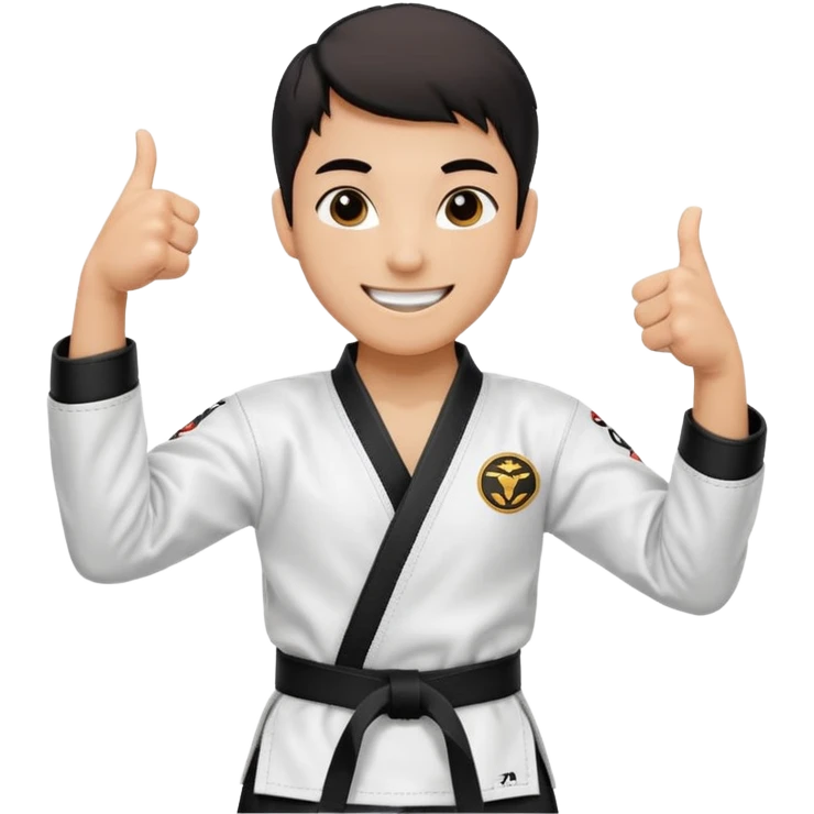 Perfecto pero el uniforme debe ser de taekwondo de ATA cinturón negro con un logo de mambo negra y realizando este gesto sonriendo 👍🏼 emoji