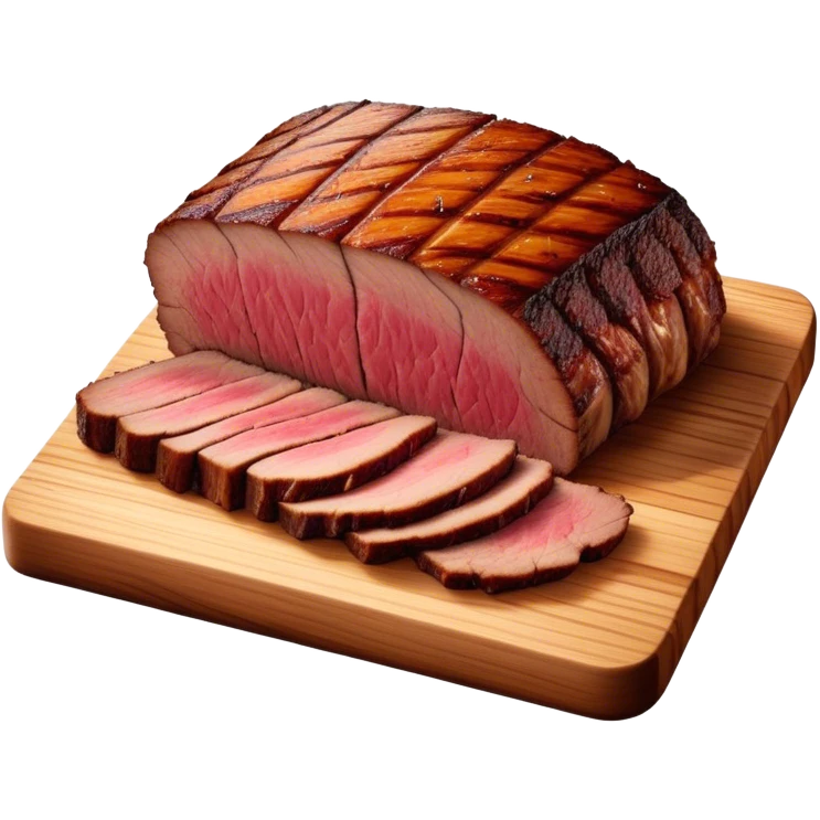 Cinematic smoked brisket, deep mahogany crust, perfectly sliced to reveal juicy marbled meat, warm smoky aroma, served on a wooden board, rich and flavorful, ultra-detailed and appetizing. emoji