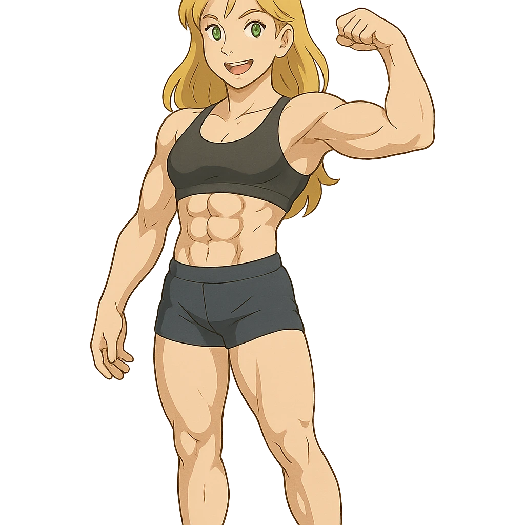 full body pose of a muscular white girl with blonde hair and green eyes, flexing 6 pack abs and one arm bicep emoji