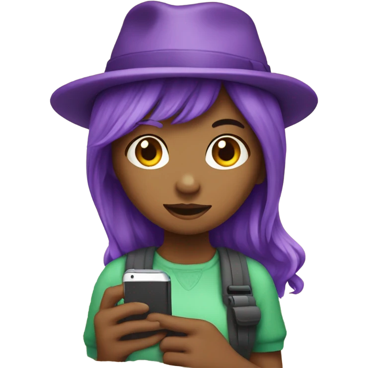 Make an emoji of a daughter who has a cell phone and a green hat with purple hair emoji
