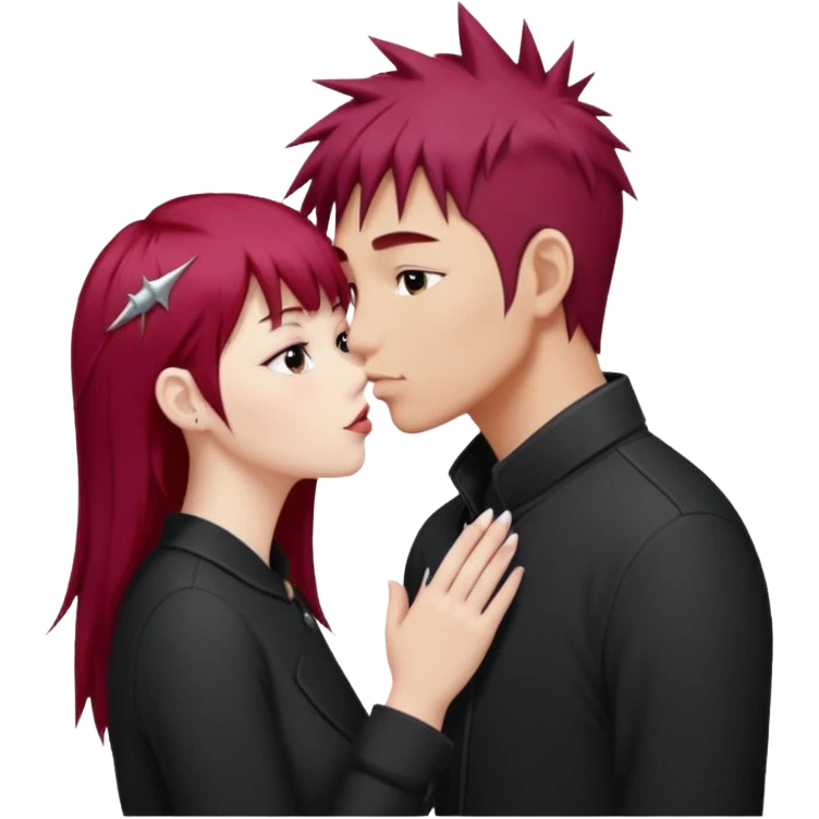Asian Spiky short red hair  guy kissing white girl with long burgundy hair and bangs  emoji