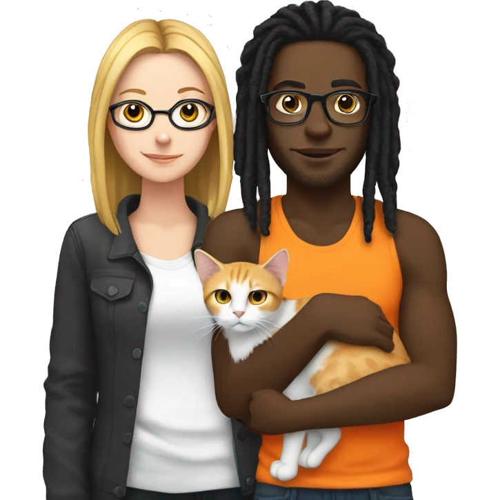 Black guy with dreads and glasses and a white girl with black hair holding an orange cat emoji