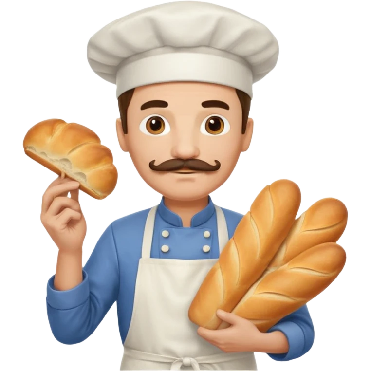 Middle aged male pastry chef - with a mustache, apron, white hat, holding bread emoji