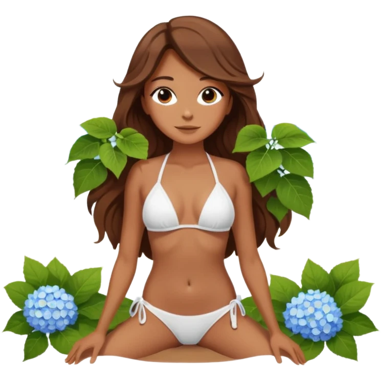 Tan girl with long hair in a white bikini tanning on a beach with hydrangeas around her  emoji