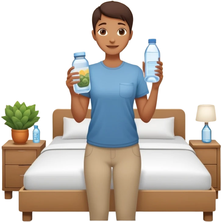 A person in the sun, with a plate of whole foods, water bottle, and glowing bed behind them. Nearby, smiling friends gather—symbolizing balance, healing, and connection through simple daily rituals. emoji