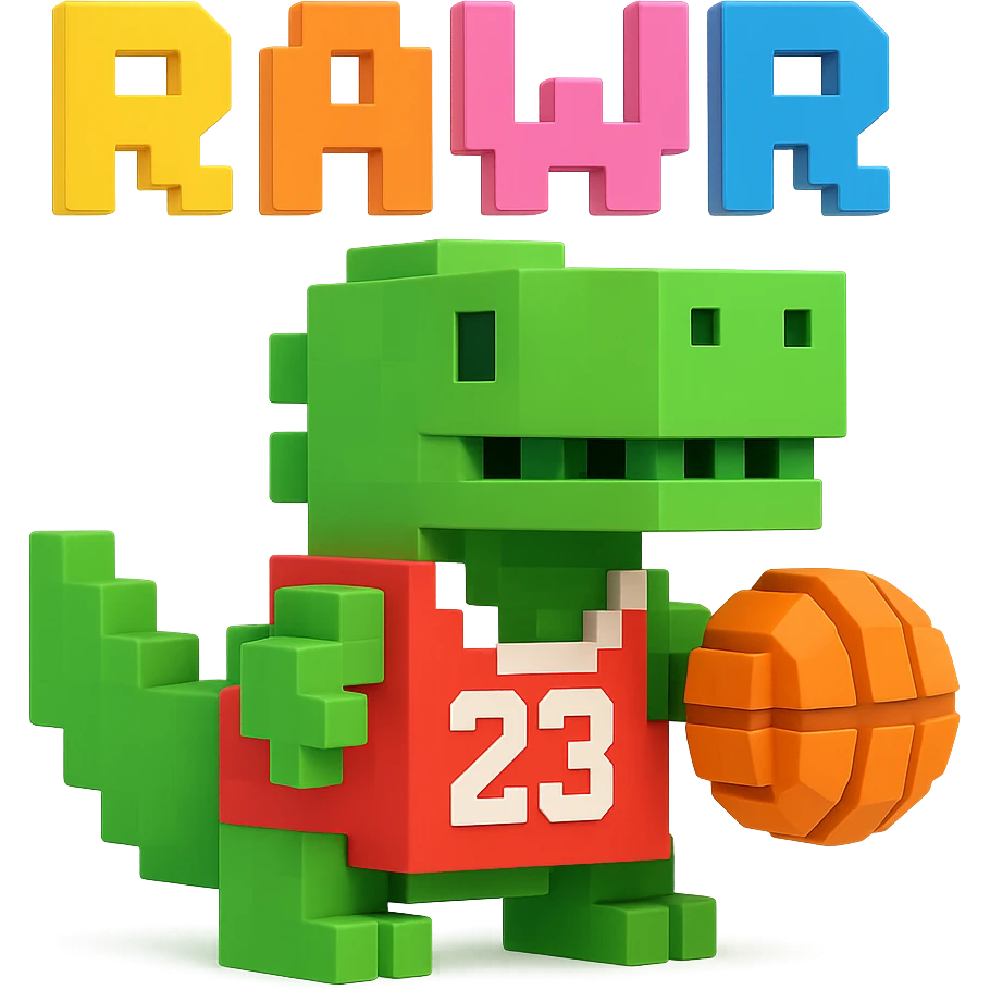 надпись "RAWR" и динозавр с баскетбольном мячом в майке с надписью "23", no background emoji