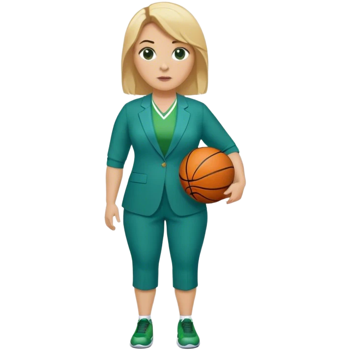 Full Body white plus size female basketball head coach using a clipboard with medium length blonde hair in a blue and green suit emoji