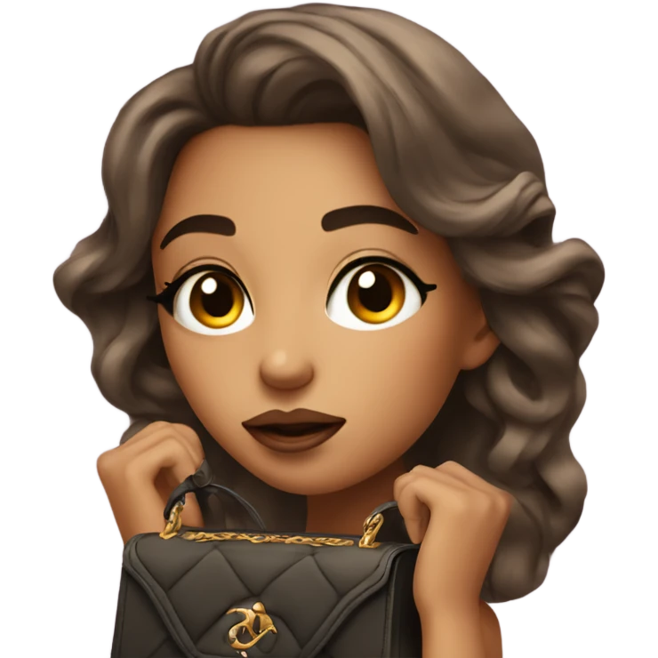 a beautiful girl with makeup who breathing out and eyes up with luxury bag emoji