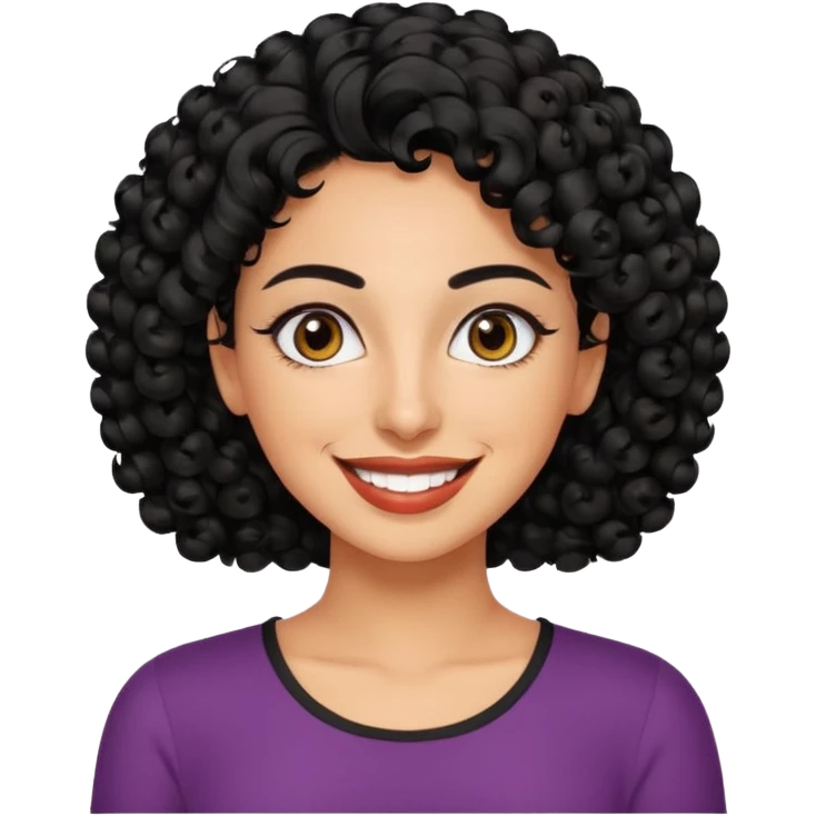 30 year old iranian woman very short curly black hair, big brown eyes, tanned skin, big smile, white teeth, pretty, stylish emoji