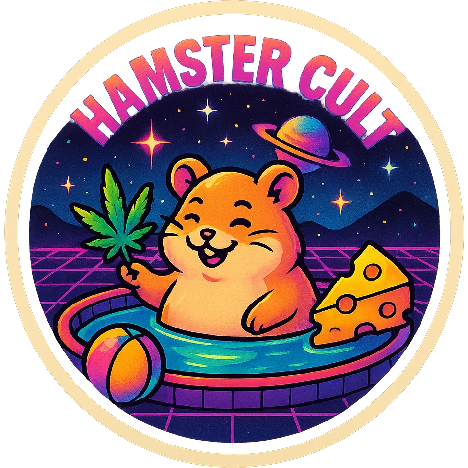 circular Discord server icon, centered composition of a hamster cult weed and cheese pool party at night, retro 80s style with neon colors, grid backgrounds, cool space elements like stars and planets emoji
