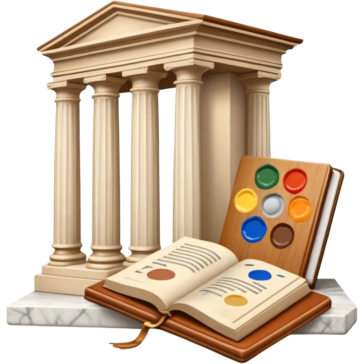 An icon featuring a paint palette, a sculpture, and a book, symbolizing the study of culture and art. The design includes a classical column and a canvas, representing art history and cultural exploration. Transparent background highlights the connection between creativity and history. emoji
