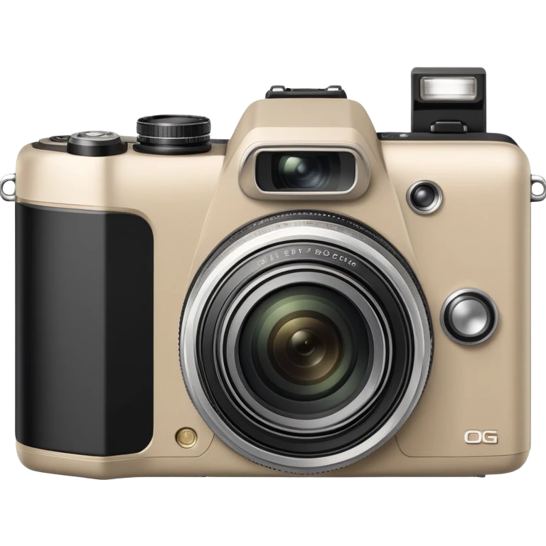 Ultra minimal Olympus Superzoom 70G camera, grayish-beige color, just basic rectangular shape with a tiny circle for lens, absolute minimum details emoji
