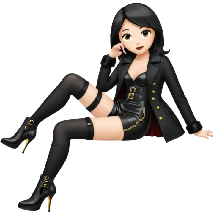 Create an female emoji with stockings and garter belt wearing a shiny wetlook coat and shiny high heel boot that go below the knee emoji