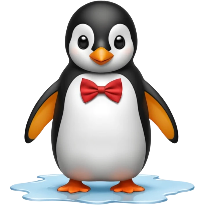 penguin, red bow tie, standing on small ice melting emoji