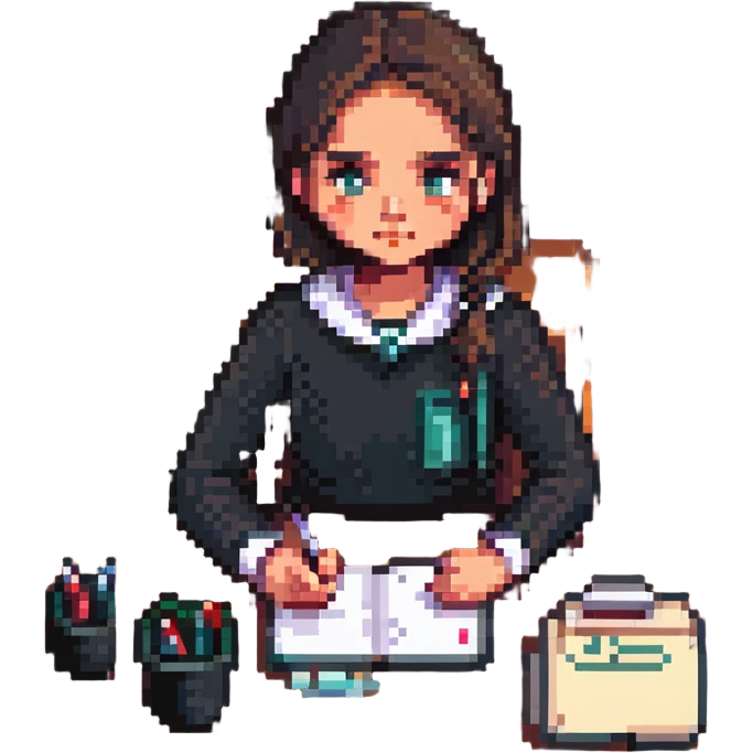 A girl preparing for exams, sitting at a desk with books and notes, looking focused and determined, in a pixel art style. emoji