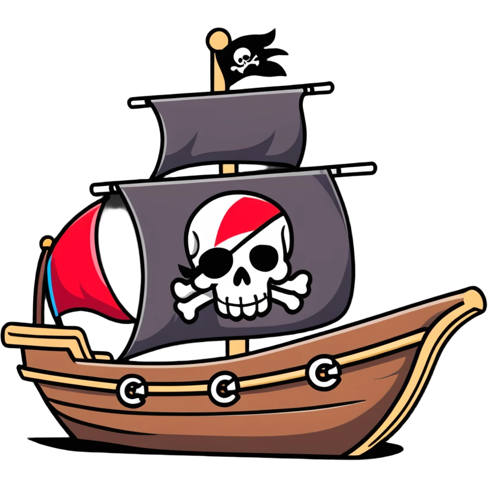 A pirate ship sailing on the open sea, with a skull and crossbones flag flying high, and pirates wearing bandanas and eye patches emoji
