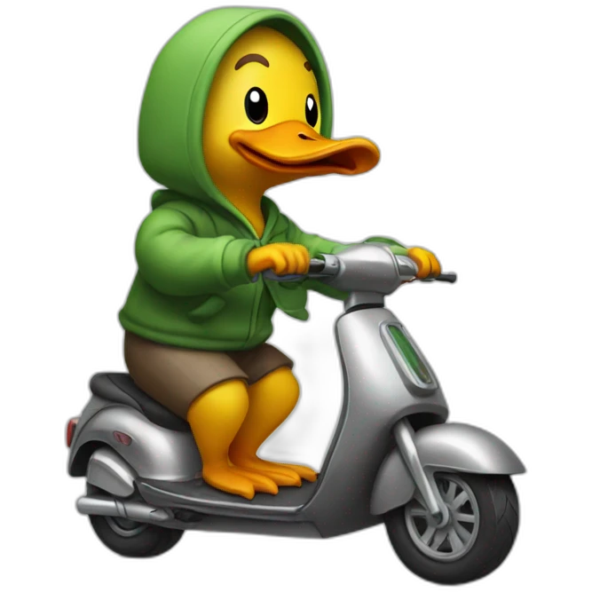 Duck riding scooter wearing a hoodie emoji