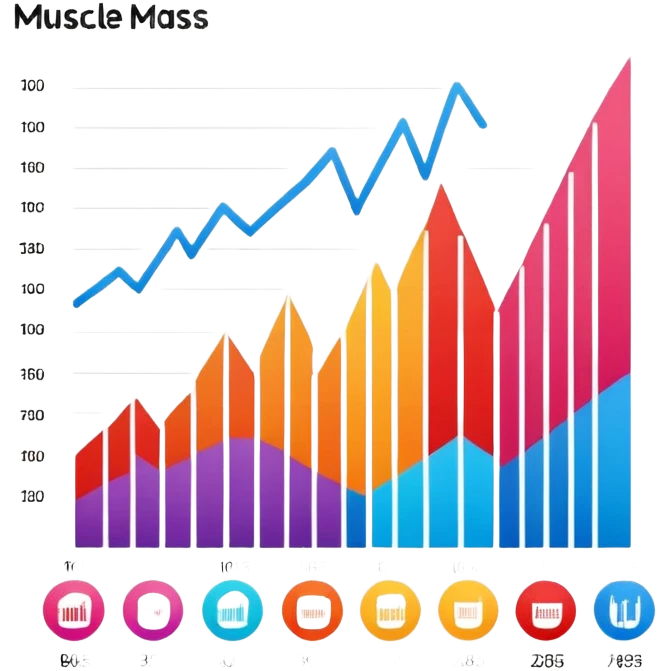 A graphics sheet in which graphic is going up titled "muscle mass" emoji