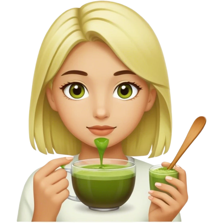 a blondie girl with olive eyes enjoying her matcha emoji