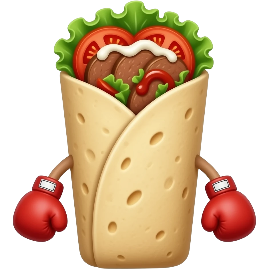 Doner kebab emoji in an open flatbread (not wrapped like a dürüm), visible filling with layered meat slices, lettuce, tomato and sauce, bread folded but open at the top, small boxing gloves, no arms or legs, clean glossy emoji style emoji