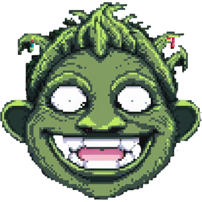 Pixelated troll face meme with signature grin, YouTube style emoji