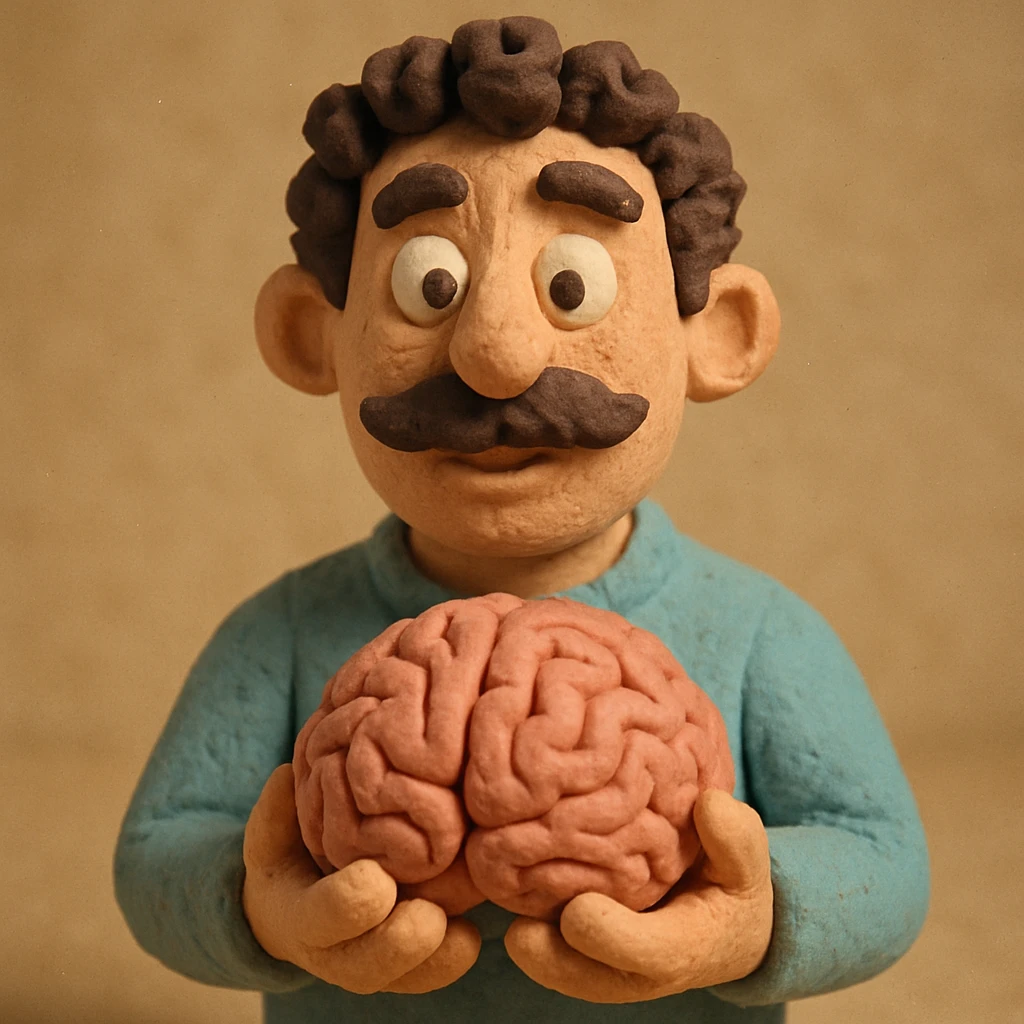 Enhance the claymation man holding a brain by adding more depth and dimension to the image. Make him more attractive and quirky, inspired by the first version, with dark curly hair, thick mustache, light skin, claymation style, visible fingerprints, and pastel colors. emoji