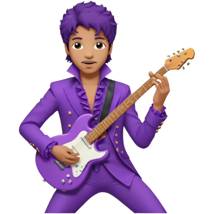 Cinematic realistic portrait  - Singer Prince in the characteristic guitar pose from the movie Purple Rain emoji
